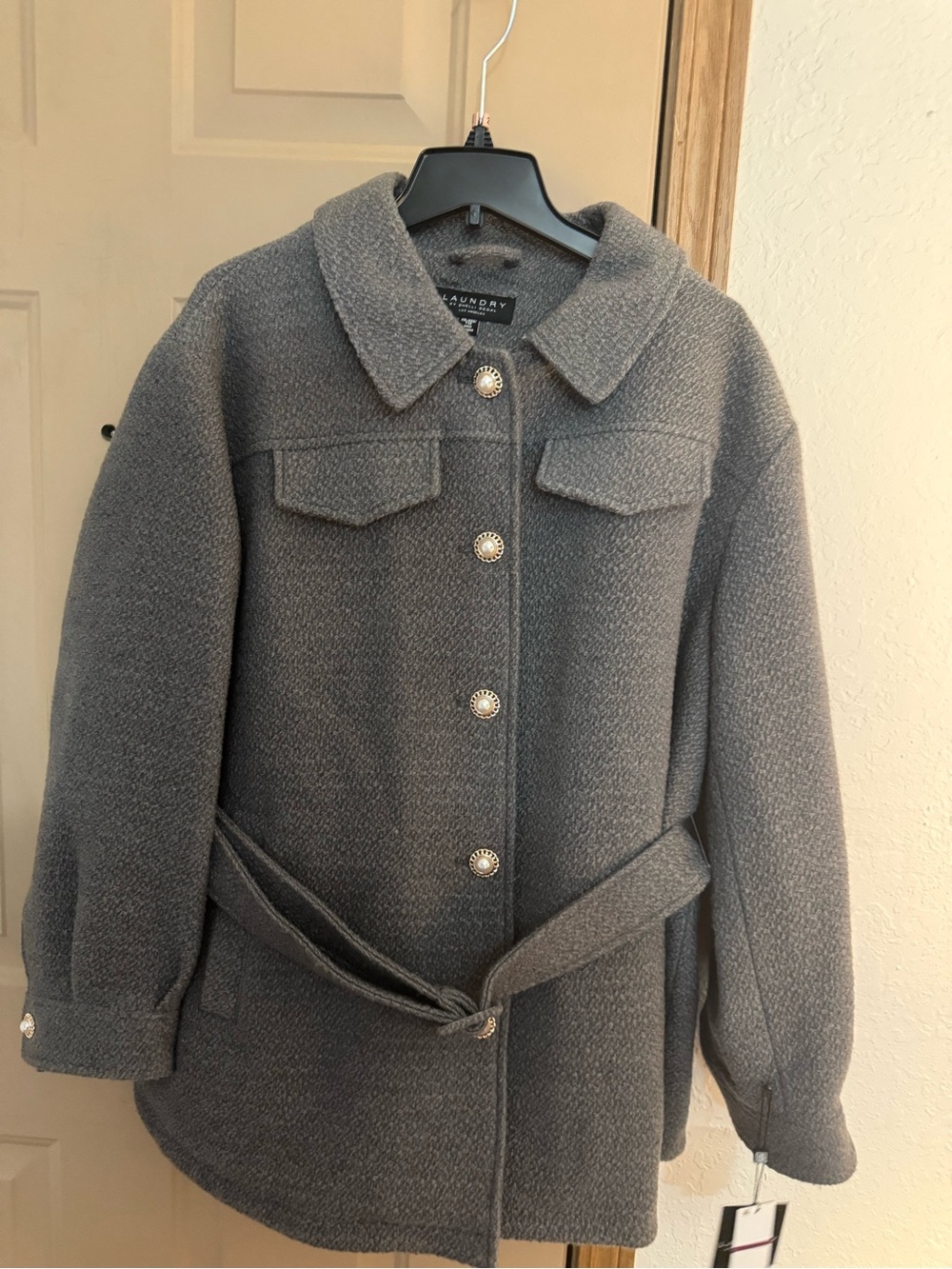 Laundry By Shelli Segal Gray Wool-Blend Belted Pea Coat. XXL